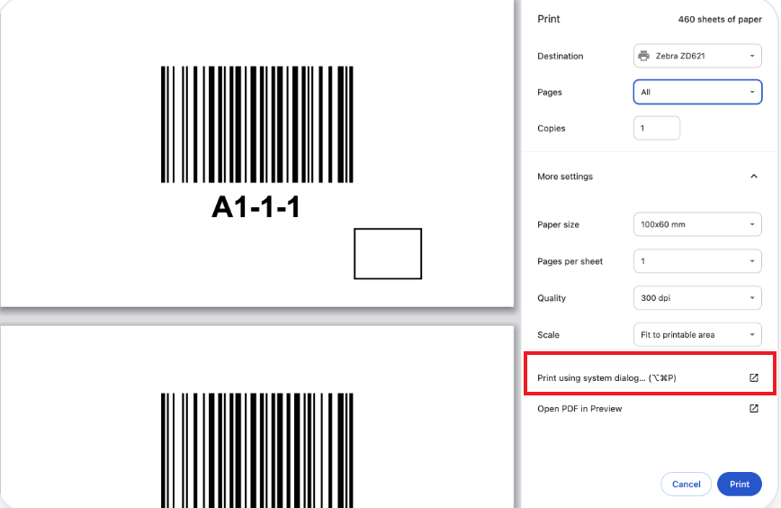 Print using system dialog 选项位置